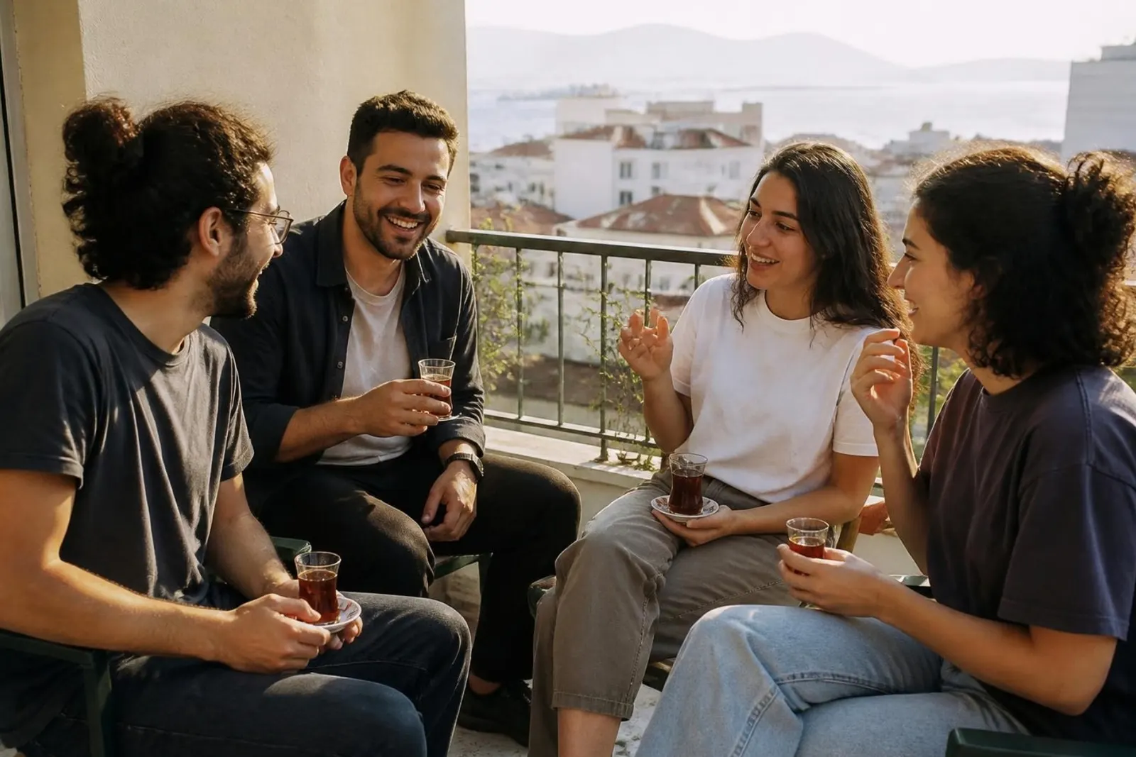 Tea break on an office balcony above the city