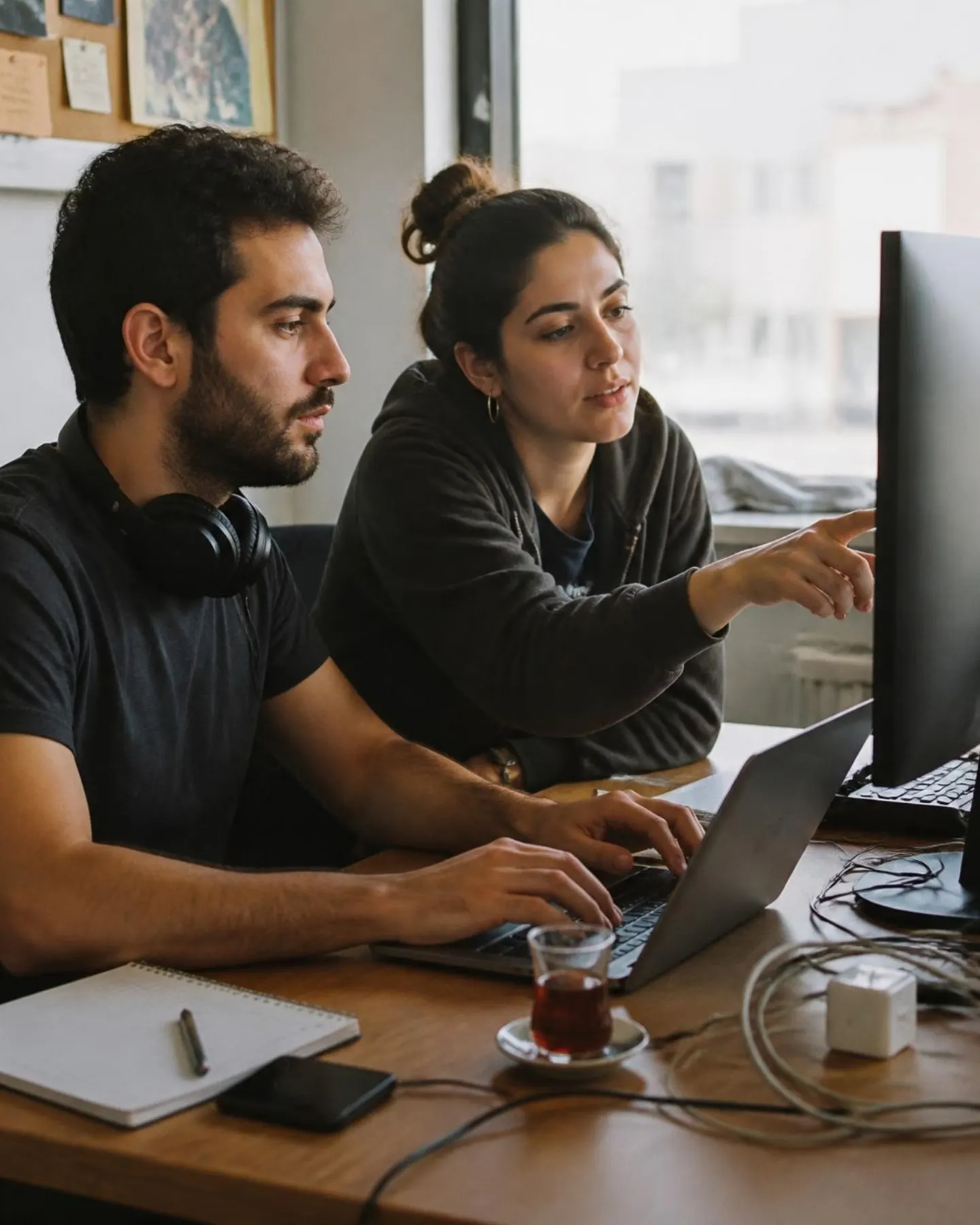 Two developers pair programming, a glass of tea on the desk