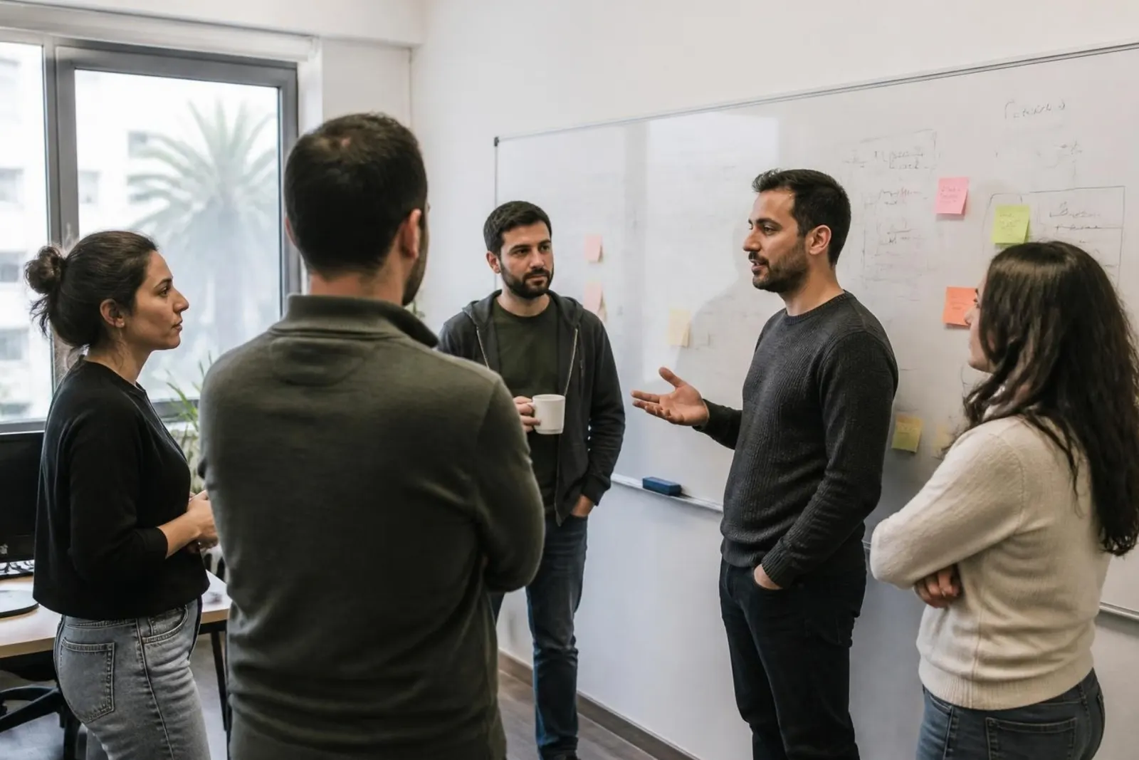 Morning standup at a whiteboard
